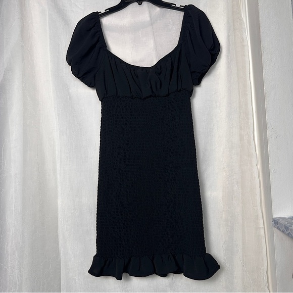 Love Stitch Black Dress Smocked Puff Sleeve Babydoll Mini Dress w/ Ruffle Hem - Picture 12 of 16